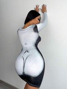 SHEIN SXY Graphic Print Twist Front Cut Out Bodycon Dress - Grey - View 1