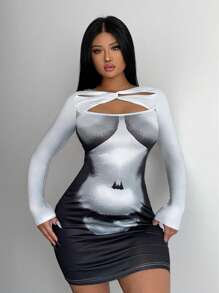 SHEIN SXY Graphic Print Twist Front Cut Out Bodycon Dress - Grey - View 5