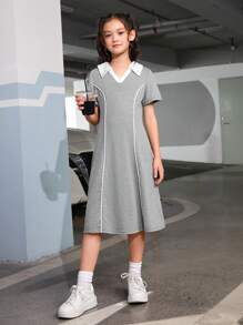 SHEIN Cô gái Tween Cổ áo tương phản Váy áo thun - Màu Xám nhạt - Xem 1