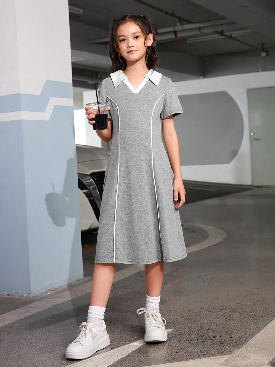 SHEIN Cô gái Tween Cổ áo tương phản Váy áo thun - Màu Xám nhạt - Xem 1