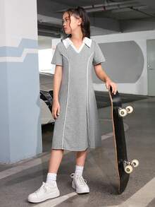 SHEIN Cô gái Tween Cổ áo tương phản Váy áo thun - Màu Xám nhạt - Xem 3