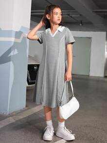 SHEIN Cô gái Tween Cổ áo tương phản Váy áo thun - Màu Xám nhạt - Xem 4