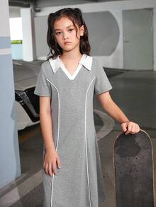 SHEIN Cô gái Tween Cổ áo tương phản Váy áo thun - Màu Xám nhạt - Xem 5