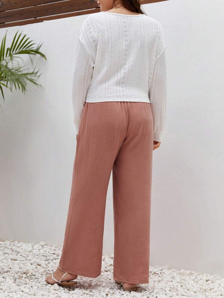 Plus Eyelet Embroidery Tee & Knot Front Pants