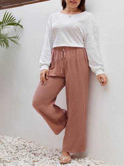 SHEIN Frenchy Plus Eyelet Embroidery Tee & Knot Front Pants