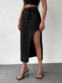 EURMUSE Solid Asymmetrical Denim Skirt - Black - View 1
