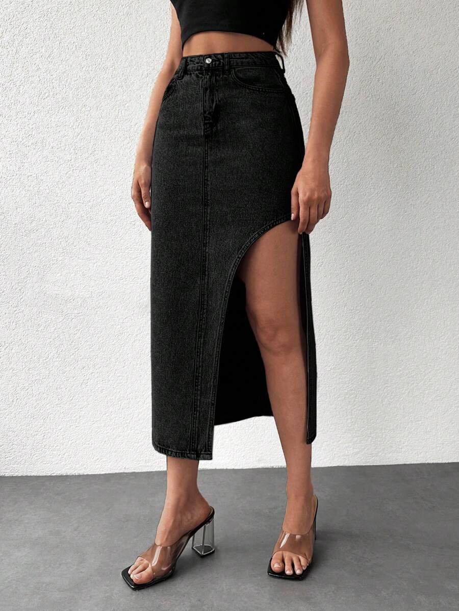 EURMUSE Solid Asymmetrical Denim Skirt - Black - View 1