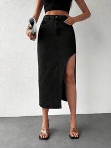EURMUSE Solid Asymmetrical Denim Skirt - Black - View 3