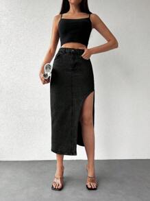 EURMUSE Solid Asymmetrical Denim Skirt - Black - View 5