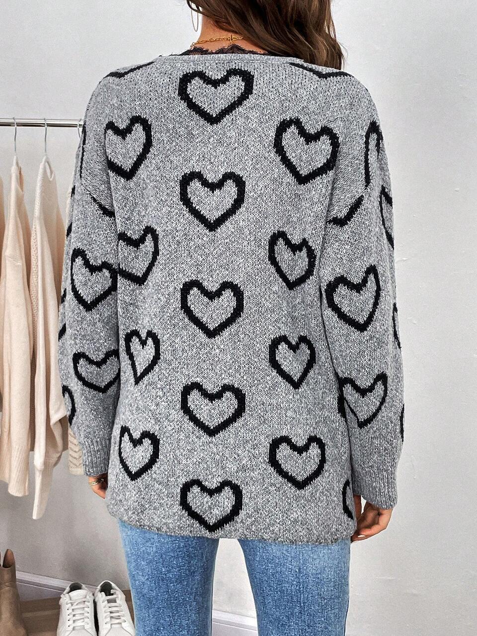 Heart Pattern Eyelash Lace Trim Drop Shoulder Wrap Cross Sweater