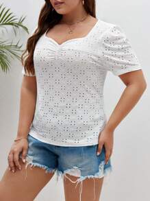 SHEIN Frenchy Plus Sweetheart Neck Ruched Front Schiffy Tee - White - View 3