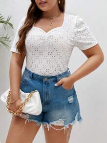 SHEIN Frenchy Plus Sweetheart Neck Ruched Front Schiffy Tee - White - View 1