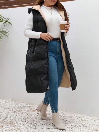 SHEIN Frenchy Plus Color Blocking Zip Up Vest Padded Coat, For Winter Fall Autumn