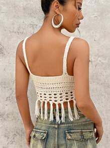 SHEIN ICON 流蘇下擺針織吊帶上衣 - 白色 - 查看 2