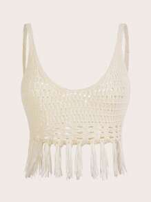 SHEIN ICON 流蘇下擺針織吊帶上衣 - 白色 - 查看 3