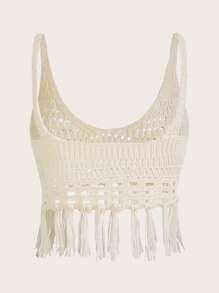 SHEIN ICON 流蘇下擺針織吊帶上衣 - 白色 - 查看 4