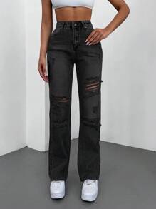 EURMUSE Jeans desgarro con parche de letra - Gris - Ver 1