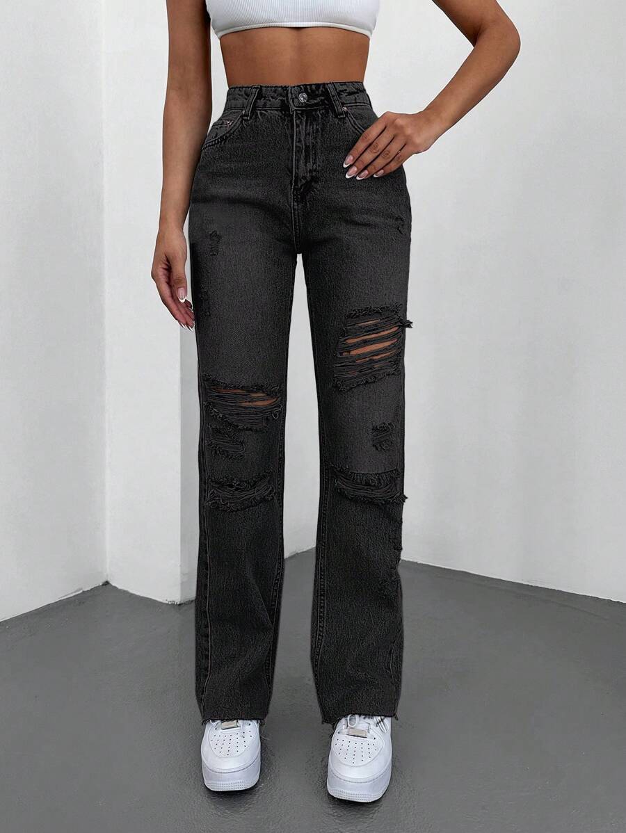 EURMUSE Jeans desgarro con parche de letra - Gris - Ver 1