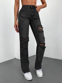 EURMUSE Jeans desgarro con parche de letra - Gris - Ver 3