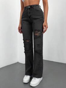 EURMUSE Jeans desgarro con parche de letra - Gris - Ver 5