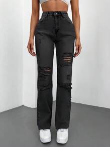EURMUSE Jeans desgarro con parche de letra - Gris - Ver 6