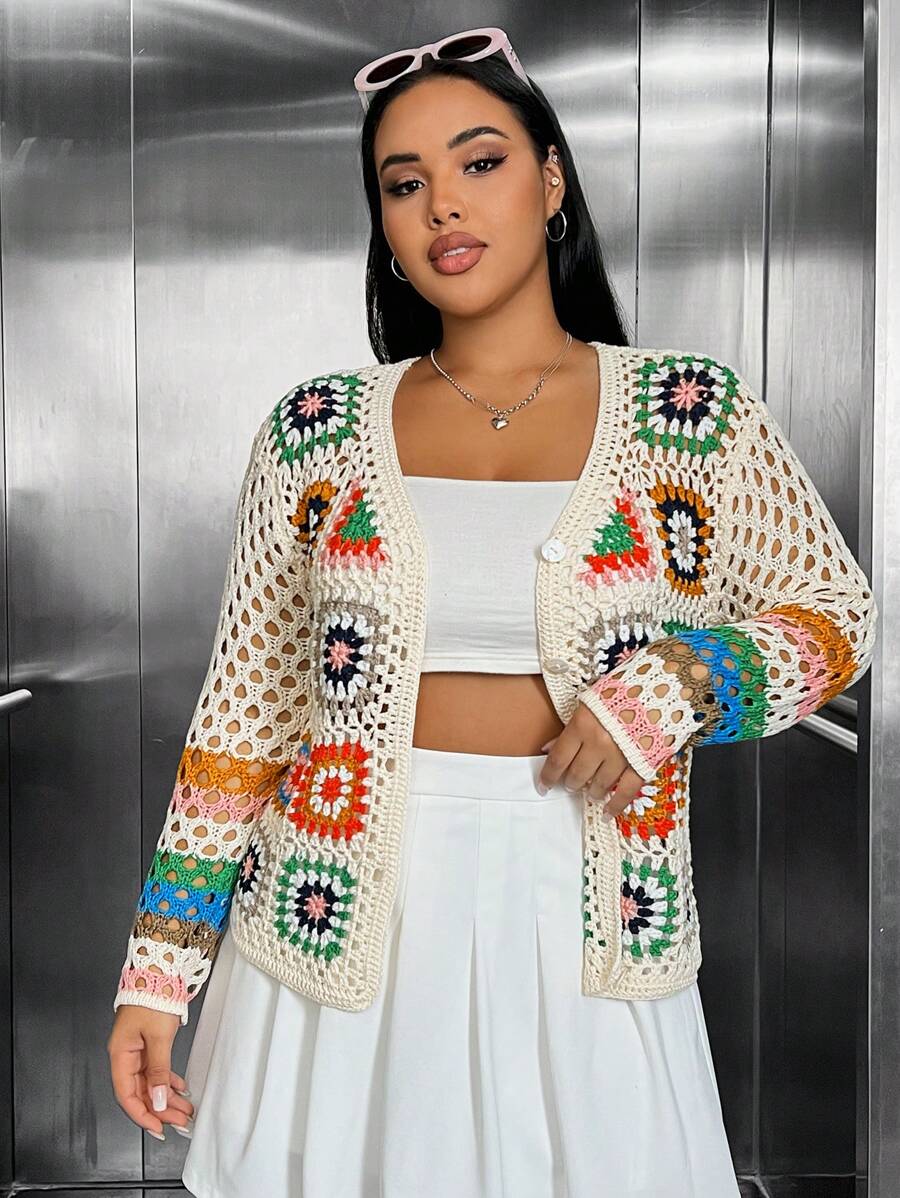 SHEIN EZwear Hơn Mô hình hoa Đan Mở Áo len Mở - Nhiều màu - Xem 1