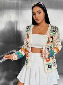 SHEIN EZwear Hơn Mô hình hoa Đan Mở Áo len Mở - Nhiều màu - Xem 4