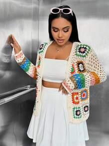 SHEIN EZwear Hơn Mô hình hoa Đan Mở Áo len Mở - Nhiều màu - Xem 6