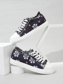 女性花卉圖案繫帶帆布鞋帶流蘇邊適用於休閒運動 - 彩色 - 查看 1