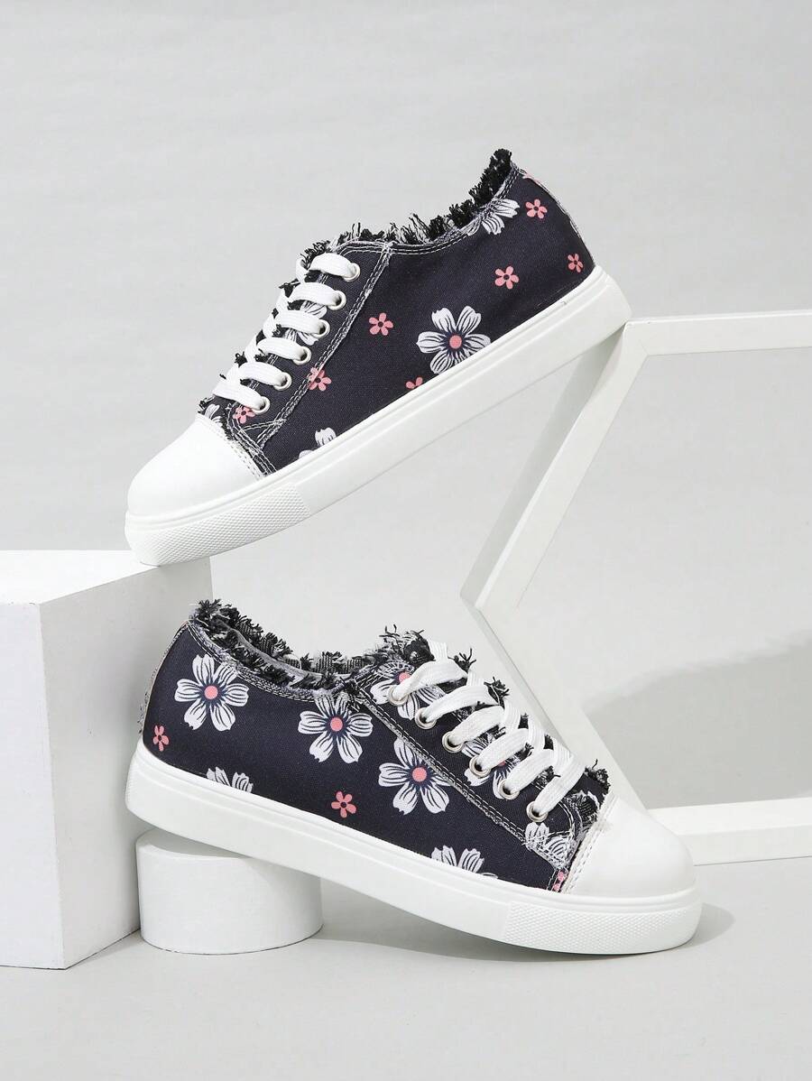 女性花卉圖案繫帶帆布鞋帶流蘇邊適用於休閒運動 - 彩色 - 查看 1