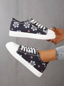 女性花卉圖案繫帶帆布鞋帶流蘇邊適用於休閒運動 - 彩色 - 查看 2