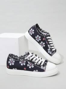 女性花卉圖案繫帶帆布鞋帶流蘇邊適用於休閒運動 - 彩色 - 查看 3