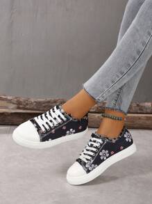 女性花卉圖案繫帶帆布鞋帶流蘇邊適用於休閒運動 - 彩色 - 查看 5