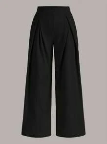 SHEIN EZwear 大碼素色闊腿褲 - 黑色 - 查看 1