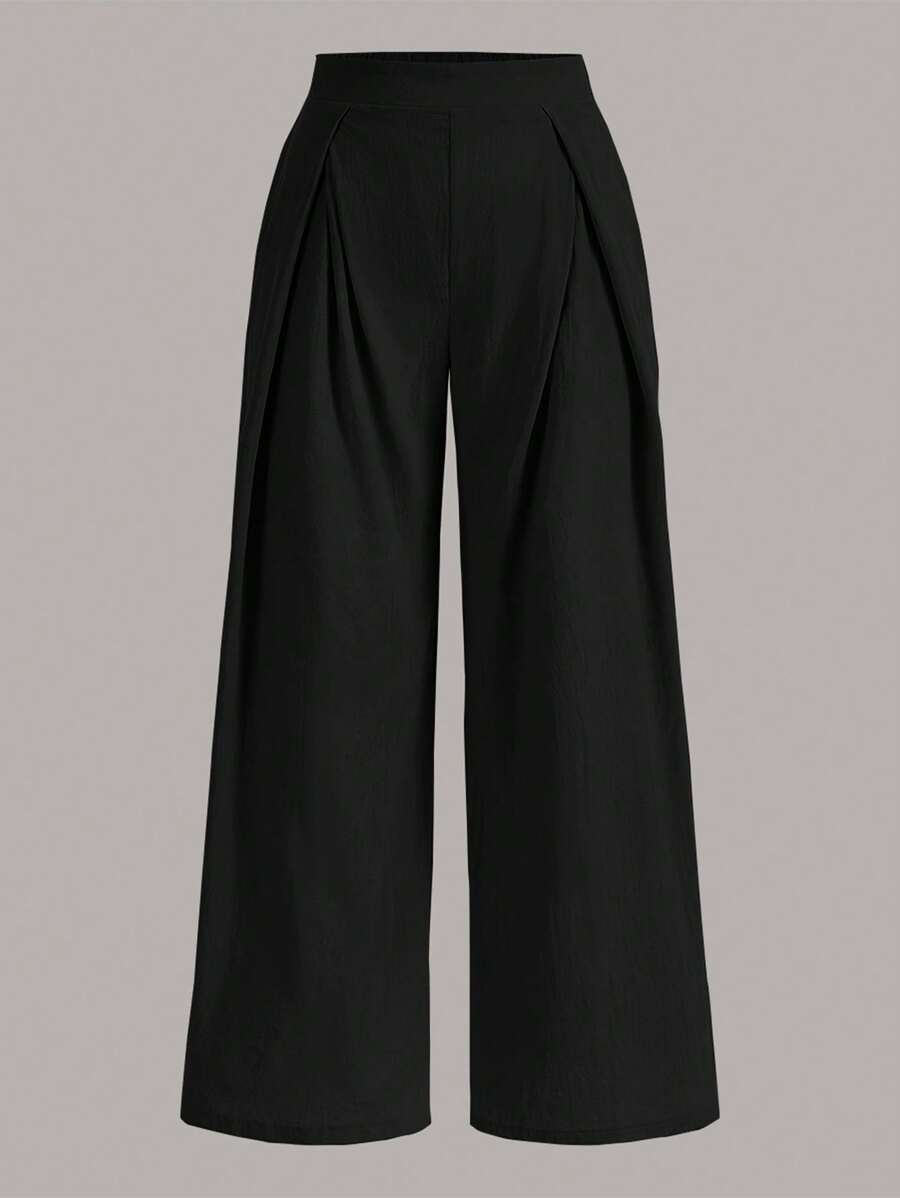 SHEIN EZwear 大碼素色闊腿褲 - 黑色 - 查看 1