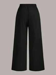 SHEIN EZwear 大碼素色闊腿褲 - 黑色 - 查看 2