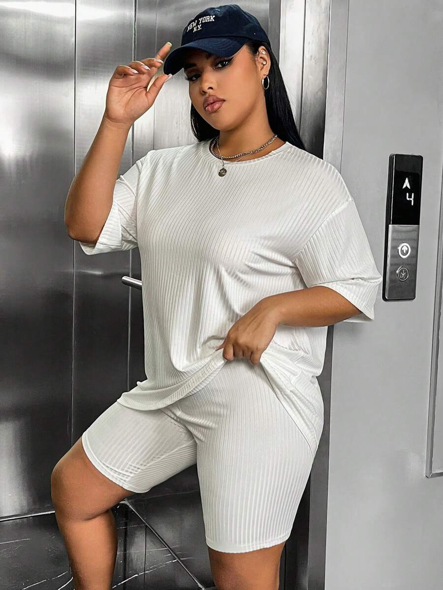SHEIN EZwear Plus Drop Shoulder Tee & Biker Shorts - White - View 1
