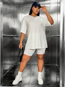 SHEIN EZwear Plus Drop Shoulder Tee & Biker Shorts - White - View 5