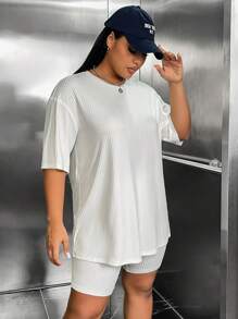 SHEIN EZwear Plus Drop Shoulder Tee & Biker Shorts - White - View 6