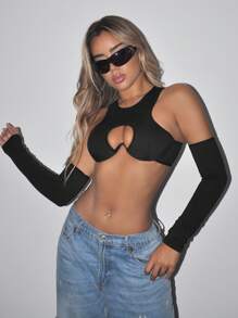 SHEIN ICON Cut Out Front Crop Top - Black - View 2