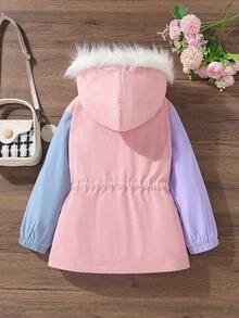 SHEIN 女大童撞色毛茸邊連帽加絨內裏外套無毛衣 - 粉色 - 查看 2