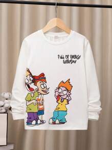 SHEIN Camiseta deportiva para niño preadolescente de cuello redondo, manga larga y corte holgado, cómoda, con patrones de dibujos animados. - Blanco - Ver 1