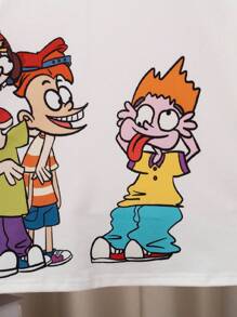 SHEIN Camiseta deportiva para niño preadolescente de cuello redondo, manga larga y corte holgado, cómoda, con patrones de dibujos animados. - Blanco - Ver 4