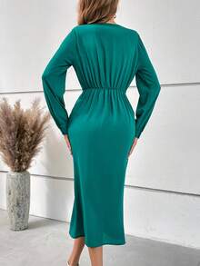 SHEIN Clasi Solid Plicated Front Dress - Green - View 2