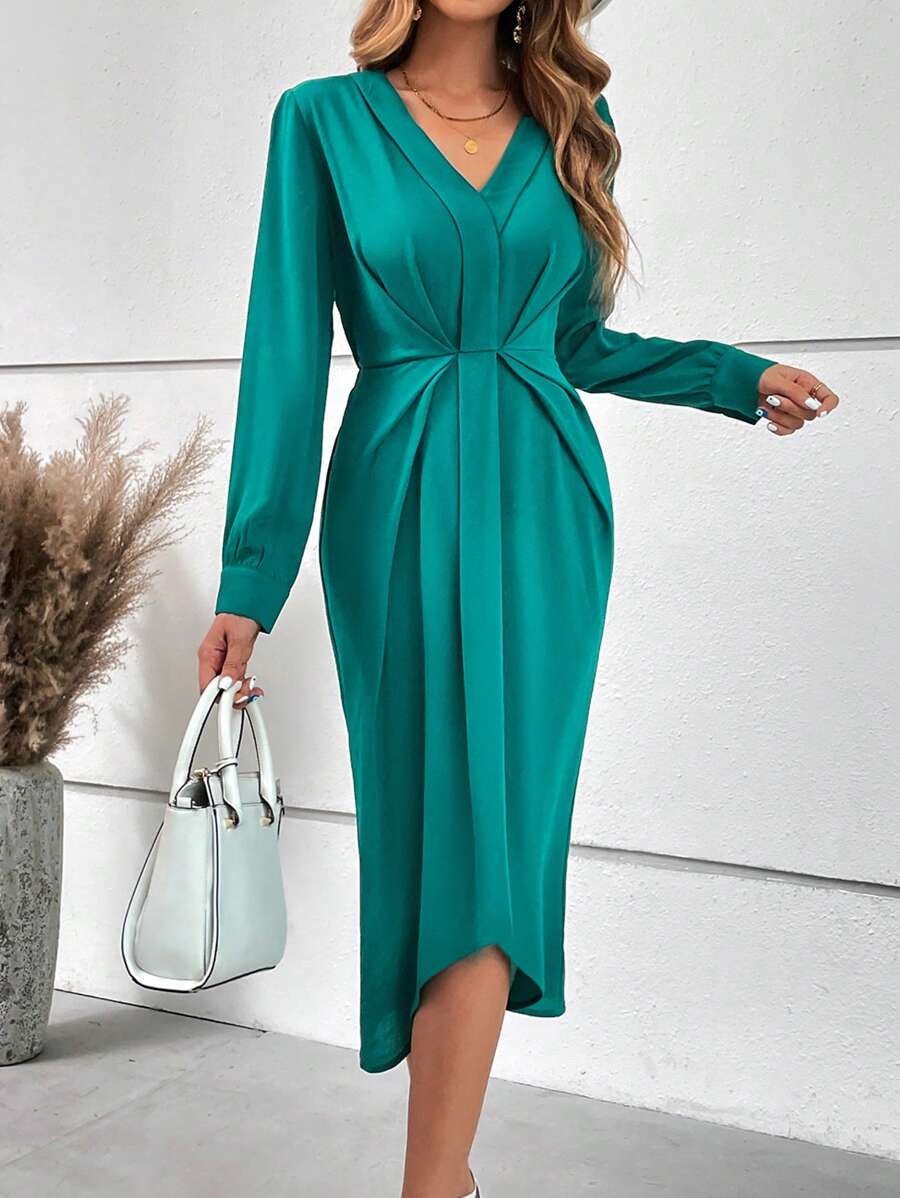 SHEIN Clasi Solid Plicated Front Dress - Green - View 1
