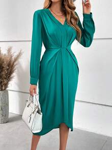 SHEIN Clasi Solid Plicated Front Dress - Green - View 6