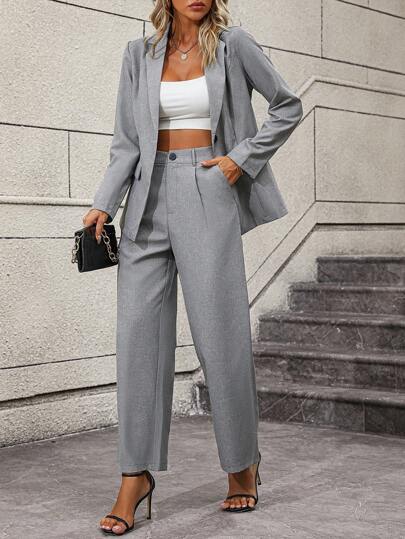 SHEIN Clasi Solid Lapel Neck Blazer & Suit Pants