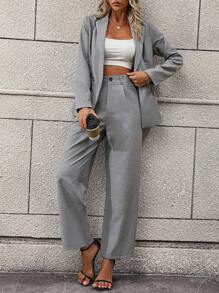 SHEIN Clasi Chất rắn Cổ áo Áo vest & Quần tây - Xám - Xem 6