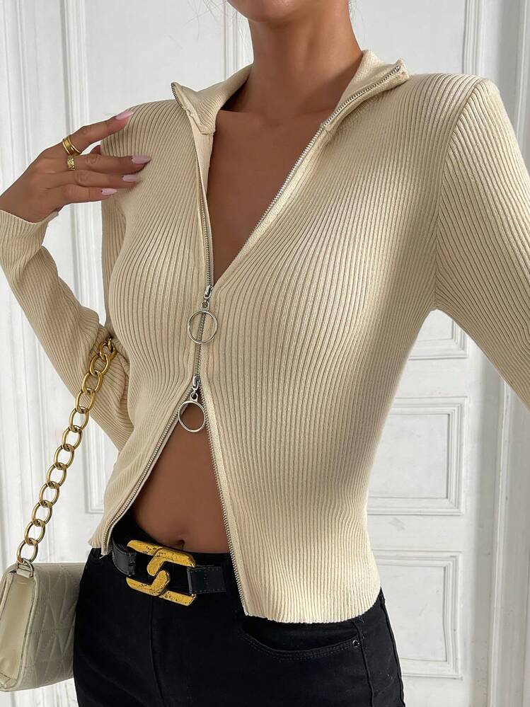 SHEIN Essnce Cárdigan tejido de canalé con cremallera - Albaricoque - Ver 1