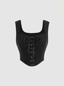 SHEIN MOD Lace Up Front Tank Top Without Blouse Corset Top - Black - View 1